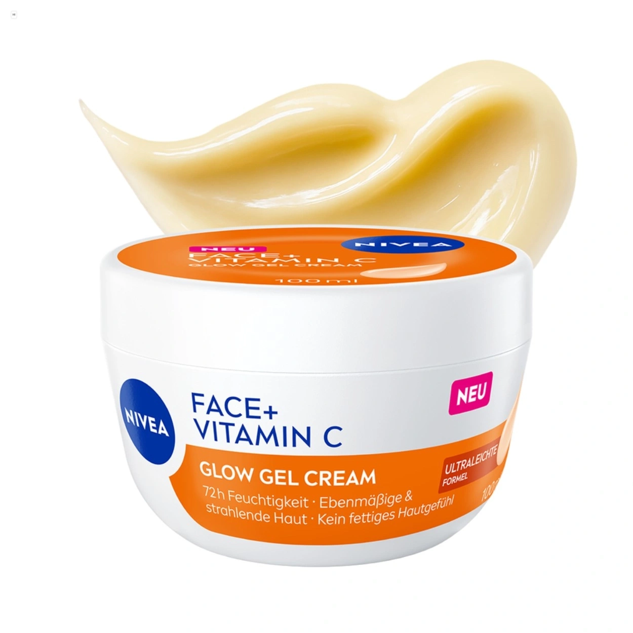 Nivea Glow Gel Cream mit Vitamin C, auf weißem Hintergrund mit cremiger Textur.