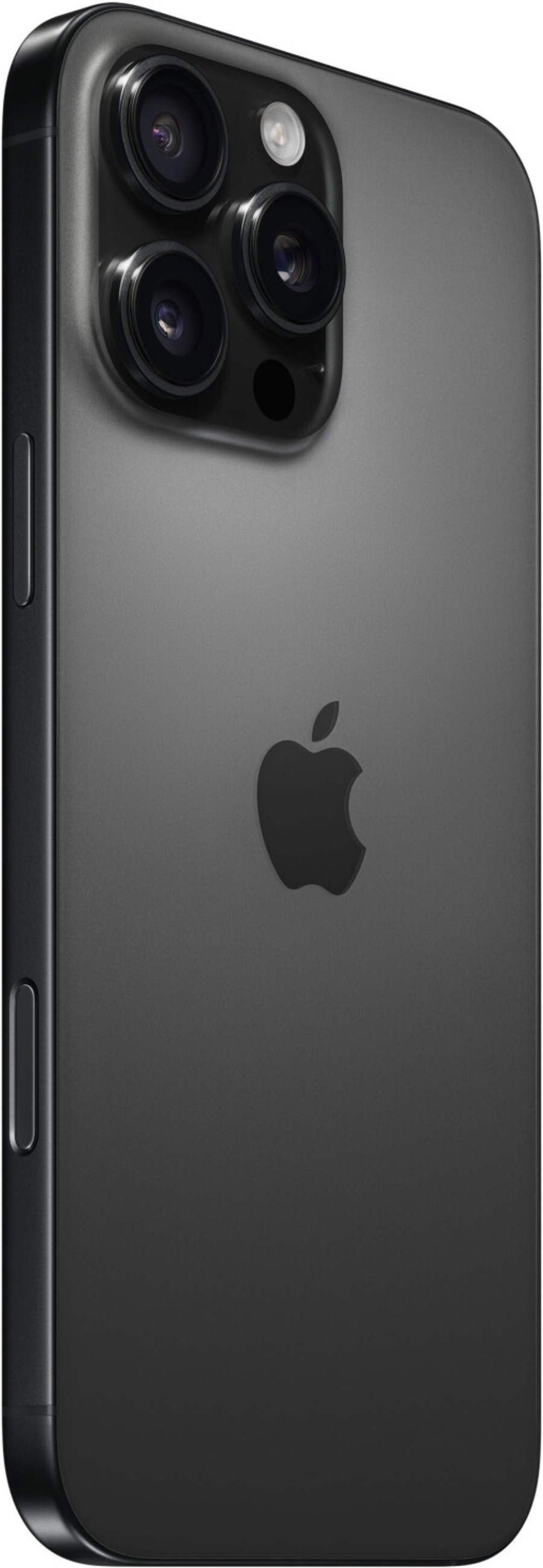 Dunkelgraues iPhone mit drei Kameras und Apple-Logo auf der Rückseite.