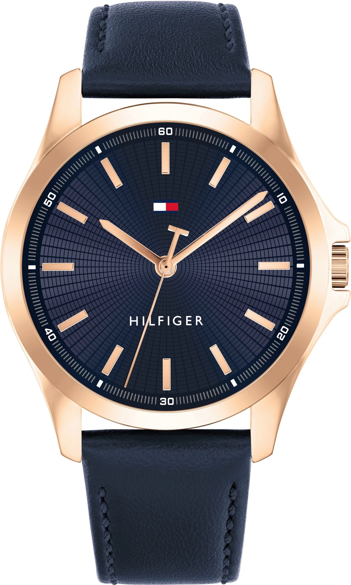 Eine Tommy Hilfiger Armbanduhr mit dunkelblauem Zifferblatt und roségoldenem Gehäuse.
