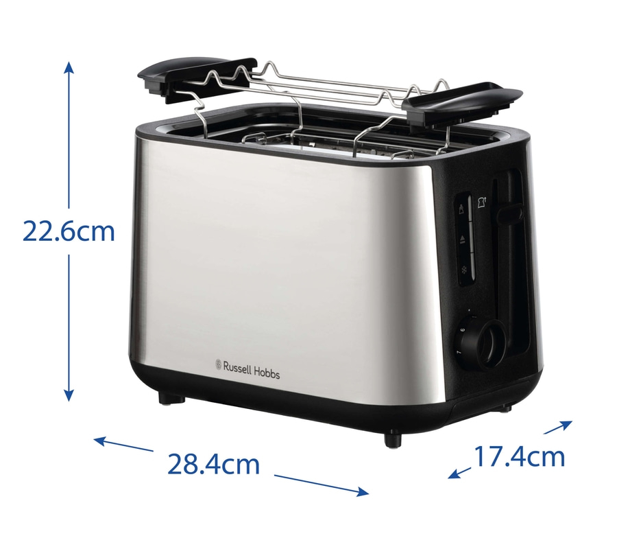 Ein Toaster mit den Maßen 22,6 cm x 28,4 cm x 17,4 cm, hergestellt von Russell Hobbs.