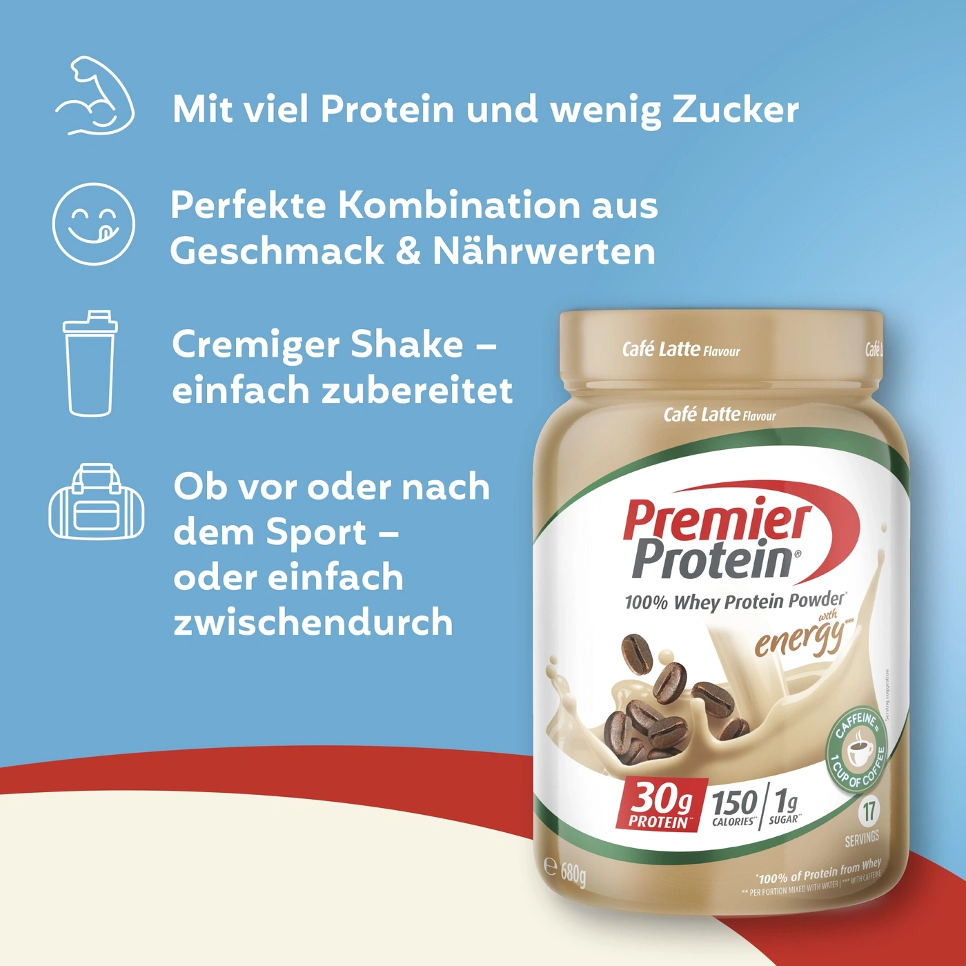 Premier Protein Shake "Café Latte Flavour" mit vielen Nährwerten und wenig Zucker
