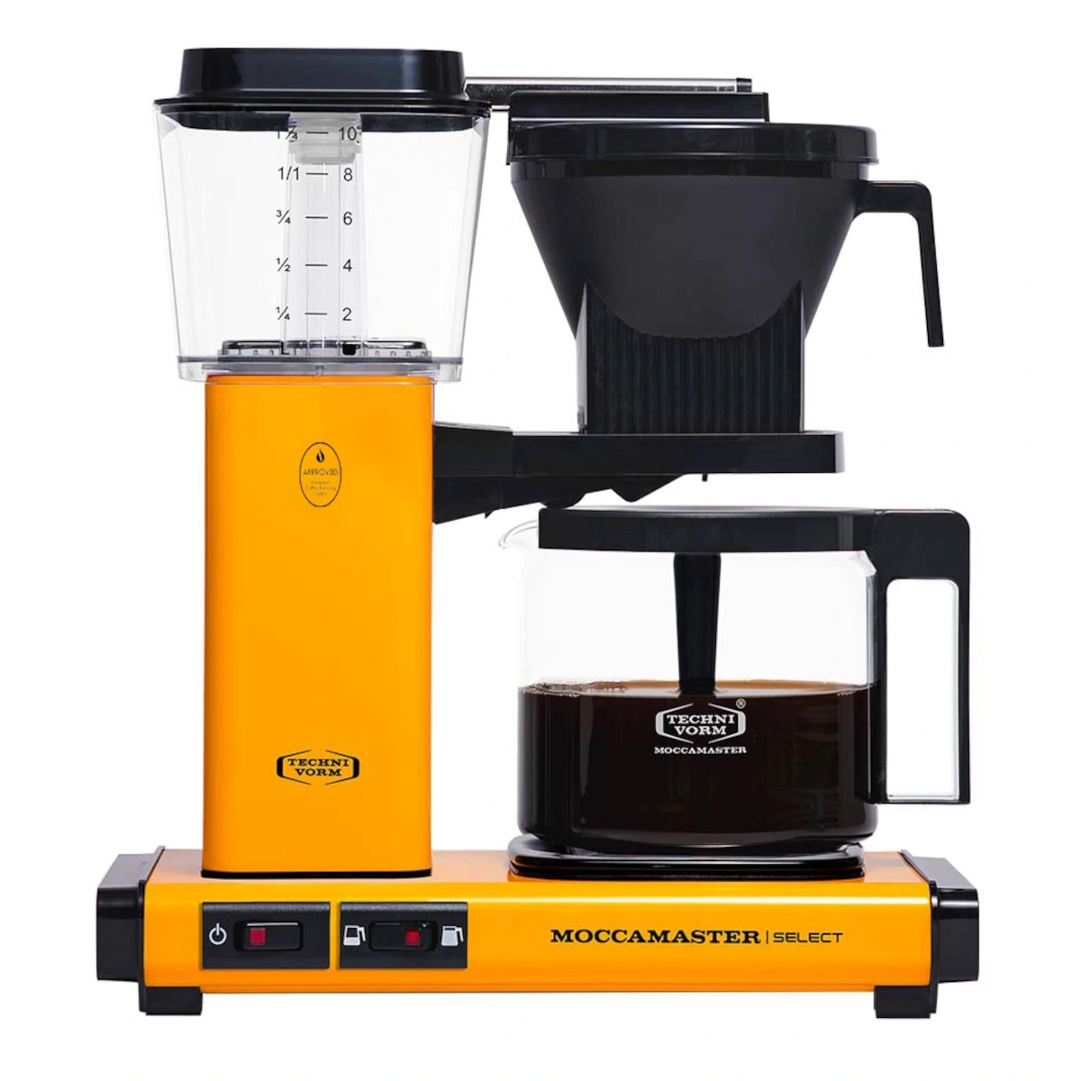 Eine orangefarbene Kaffeemaschine mit Glaskaraffe und Wasserbehälter.