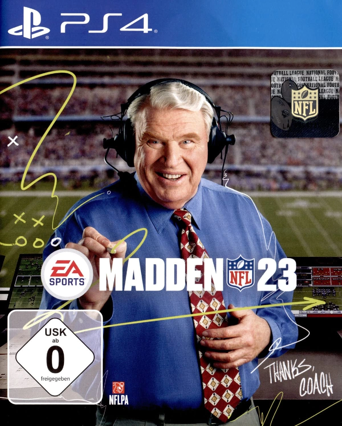 Das Cover von Madden 23 PS4 mit einem Trainer, der eine Strategie erklärt.