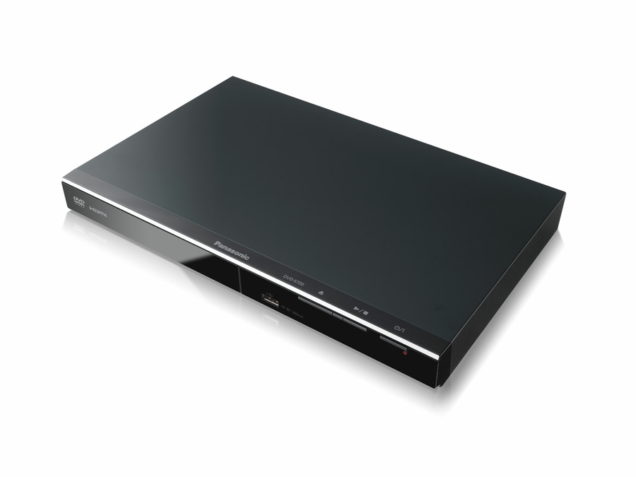 Schwarzer Panasonic DVD-Player, glänzend, mit HDMI-Anschluss und Logo.
