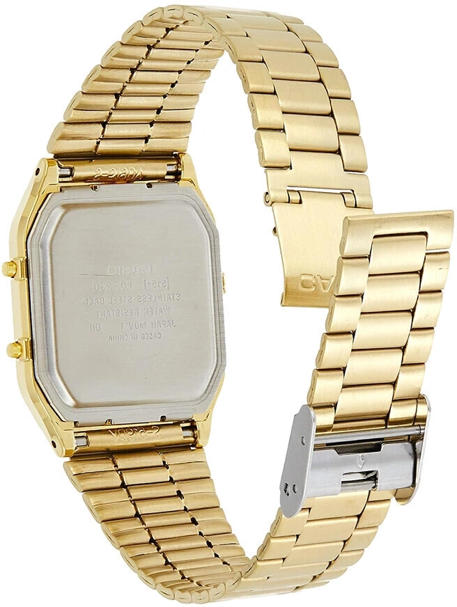 Eine goldene Casio-Uhr mit Digitalanzeige und verstellbarem Armband