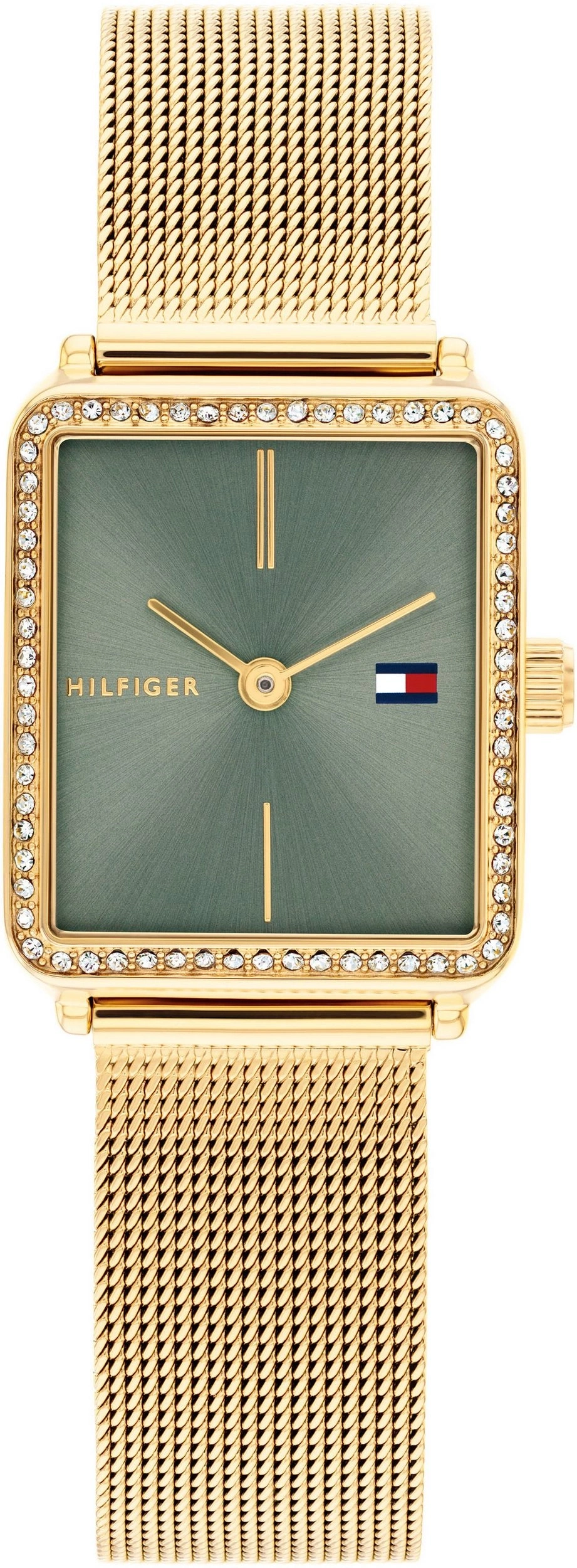 Goldene Tommy Hilfiger Damenuhr mit grüner Lünette und Strasssteinen