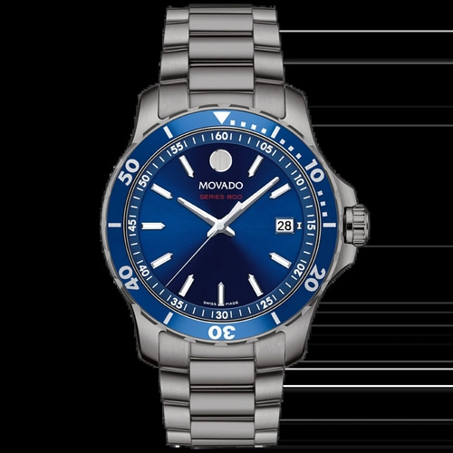 Movado Series 800 Uhr mit blauem Zifferblatt und silbernem Armband, Swiss Made.