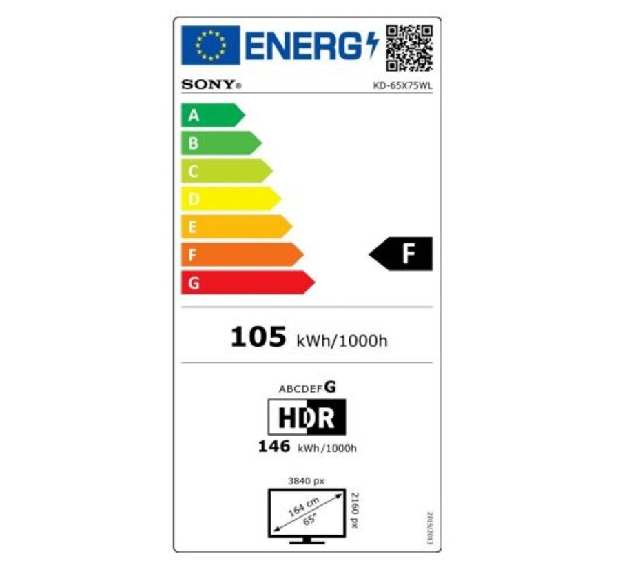 Energieetikett für Fernseher von Sony, Modell KD-65X75WL, Energieeffizienzklasse F.
