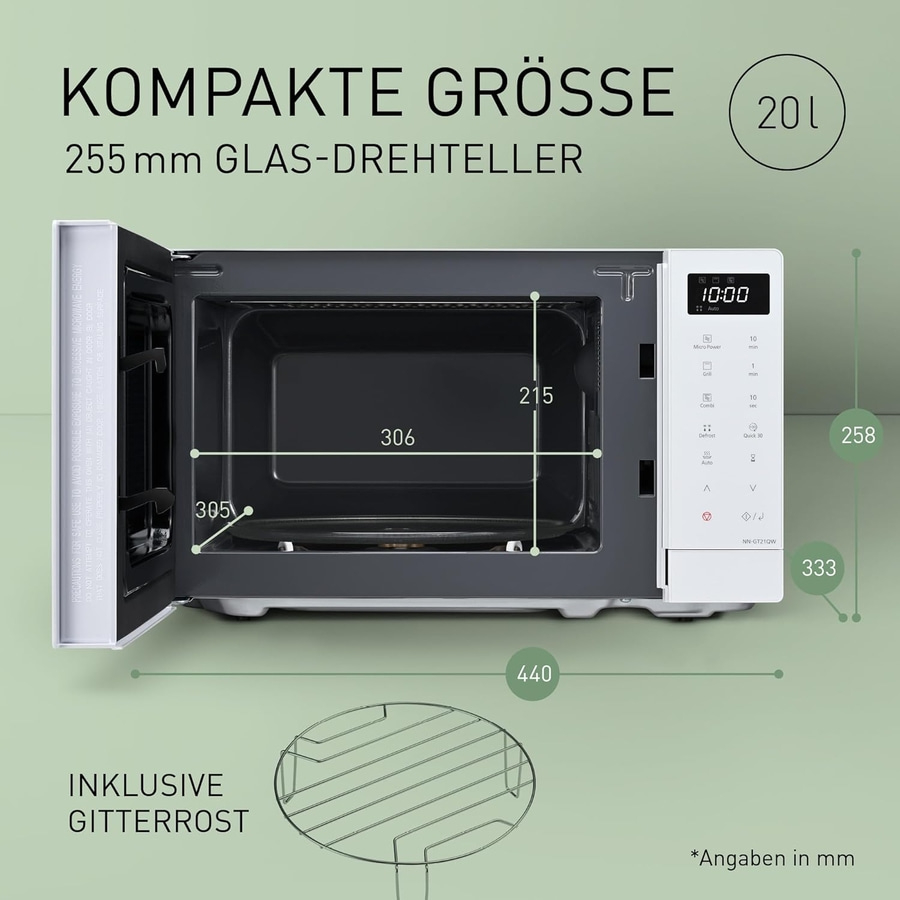 Kompakte Mikrowelle mit Glas-Drehteller, 20l, inklusive Gitterrost, Abmessungen in mm.