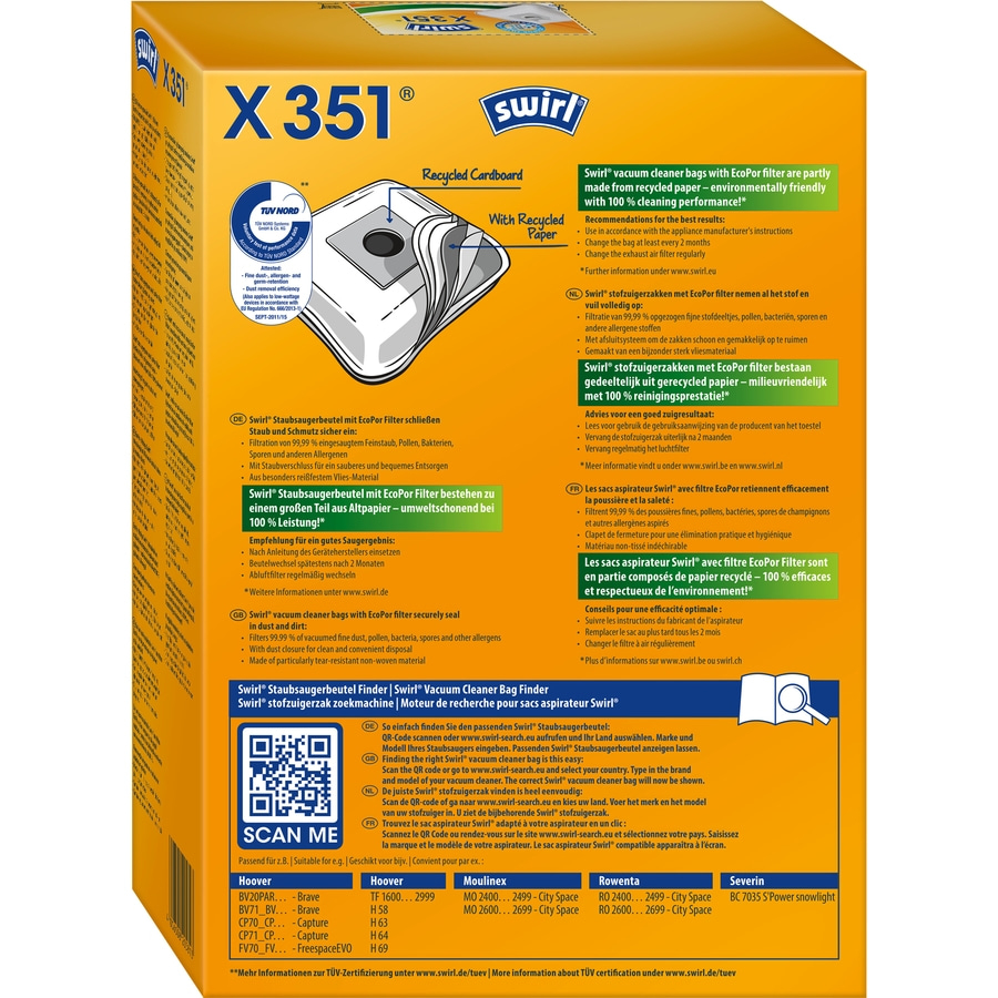 SWIRL Staubsaugerbeutel X351 EcoPor® für Hoover Rowenta Severin 12 Beutel