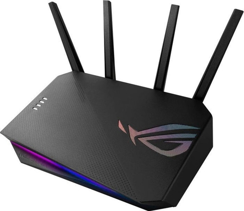 Ein schwarzer Router mit vier Antennen und RGB-Beleuchtung.
