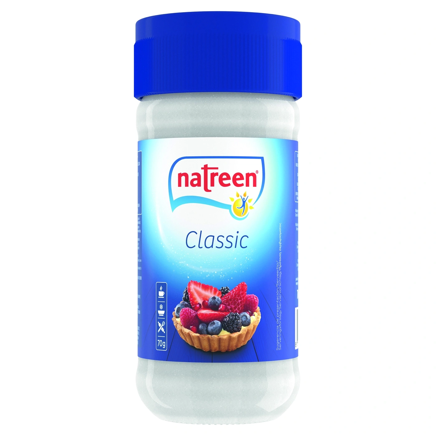Eine Dose Natreen Classic mit Früchten, 70g, blauem Deckel, weißem Hintergrund.