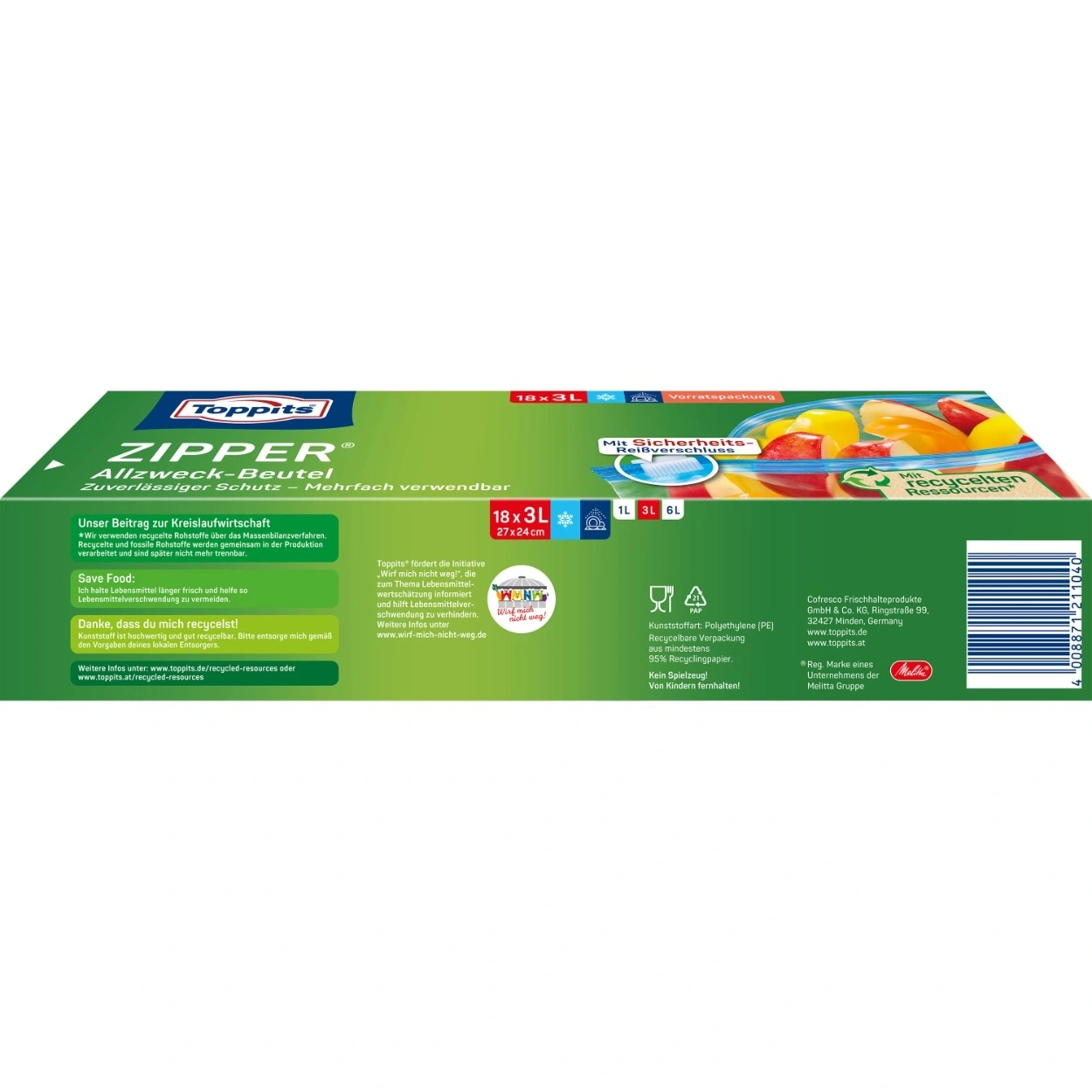 Verpackung von Toppits mit Informationen zu Recycling und Umweltschutz
