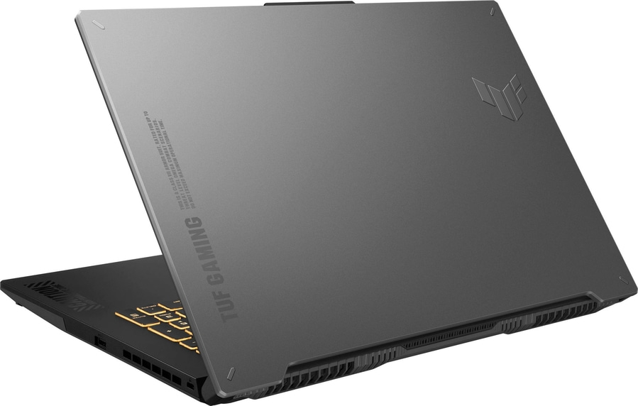Grauer Laptop mit TUF Gaming-Logo und Text. Ideal für HTML-Bildbeschreibungen.