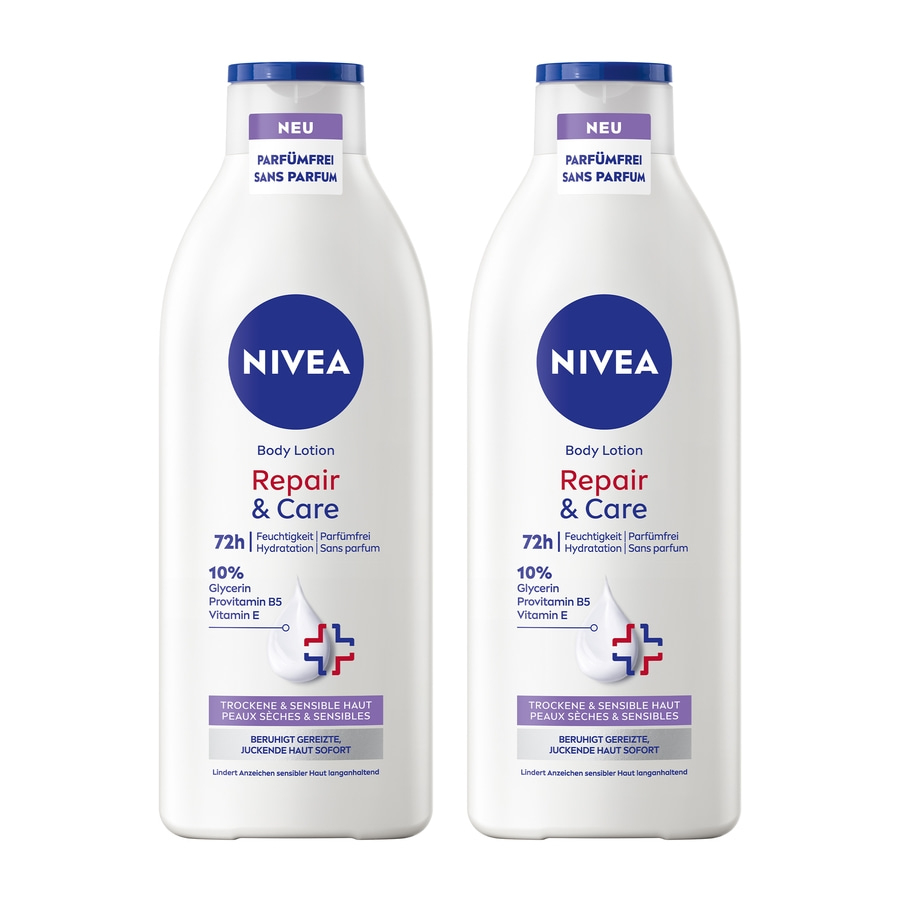 Zwei Nivea Body Lotion Flaschen mit Repair & Care, parfümfrei, für trockene und sensible Haut.