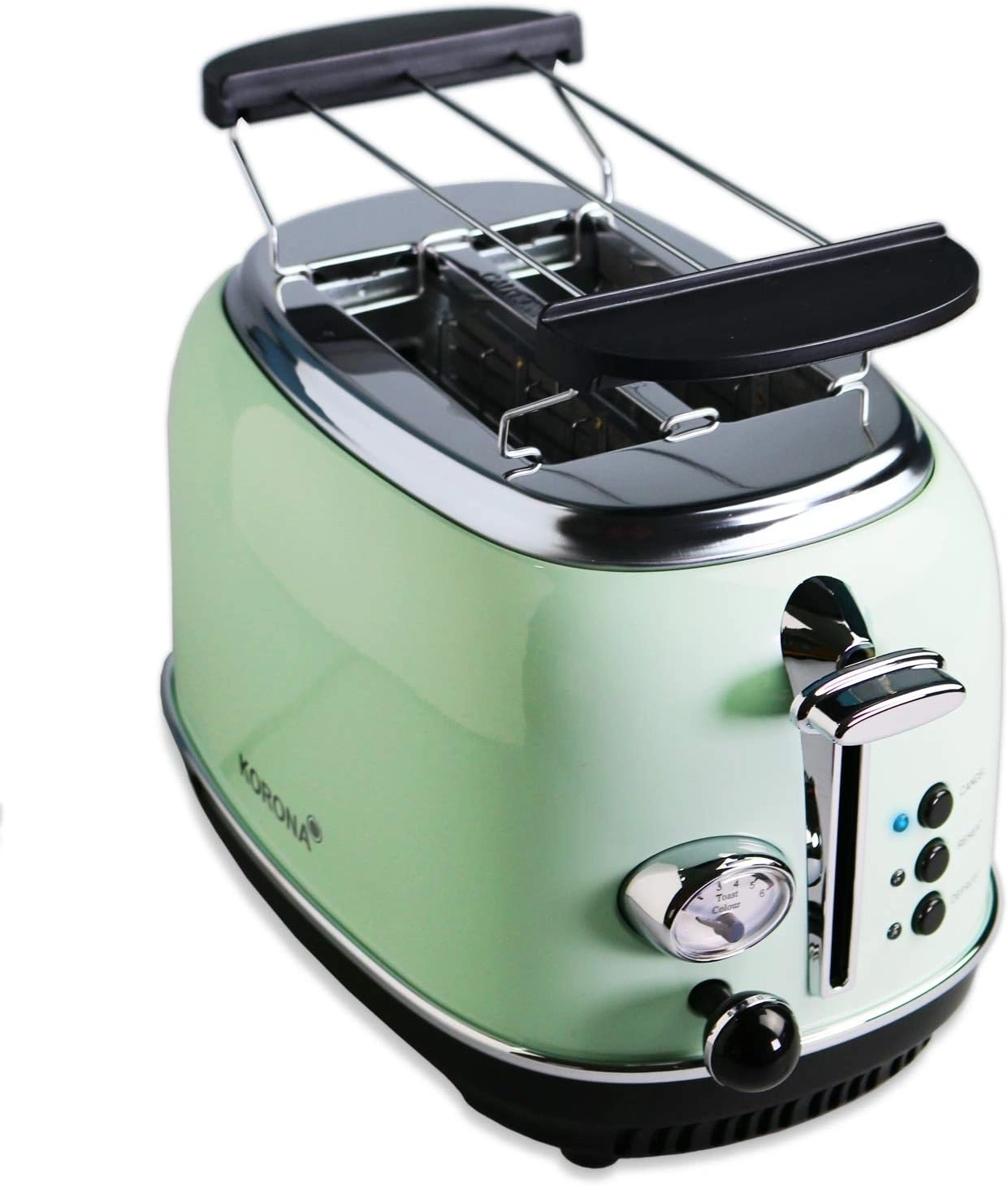 Grüner Toaster mit Chromdetails und Toast-Farbeinstellung. Retro-Design.