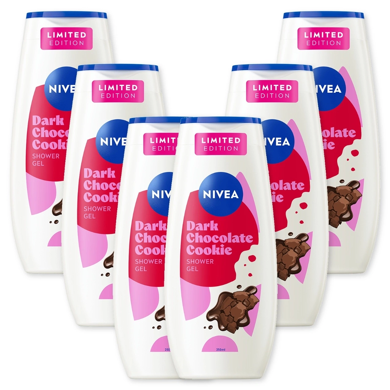 Sechs Flaschen Nivea Duschgel "Dark Chocolate Cookie" in limitierter Auflage