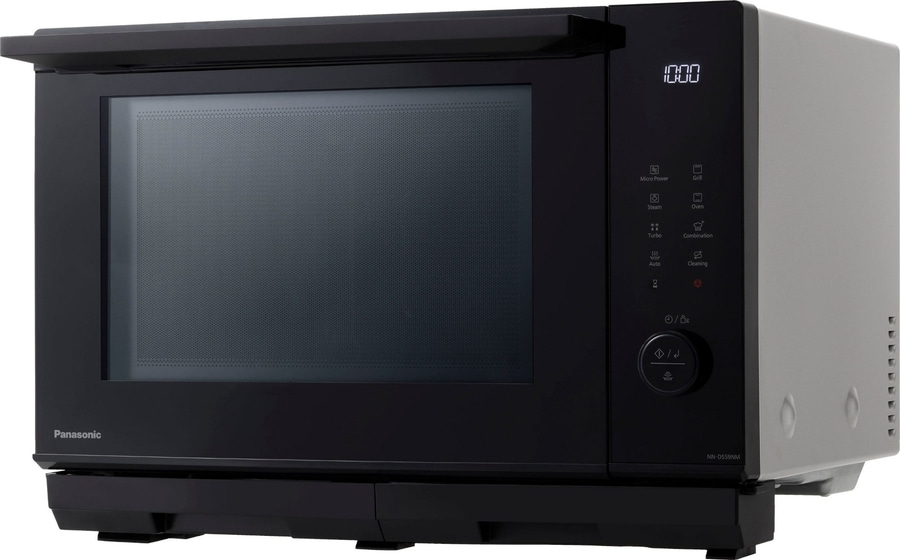Schwarze Mikrowelle mit Bedienfeld und Panasonic-Logo. Digitalanzeige zeigt 10:00 Uhr.