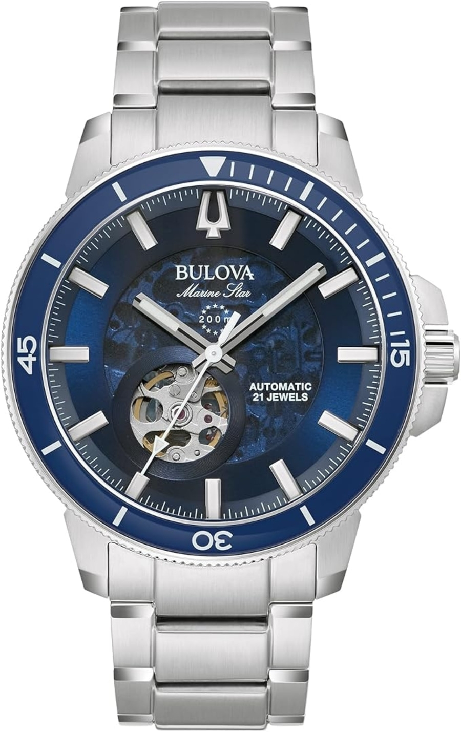 Bulova Marine Star Uhr, blaues Zifferblatt, silbernes Armband, Automatikwerk, 21 Jewels