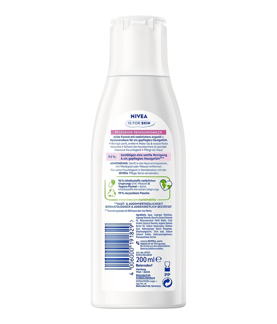 NIVEA Pflegende Reinigungsmilch mit Arganöl und Hyaluronsäure, 200 ml
