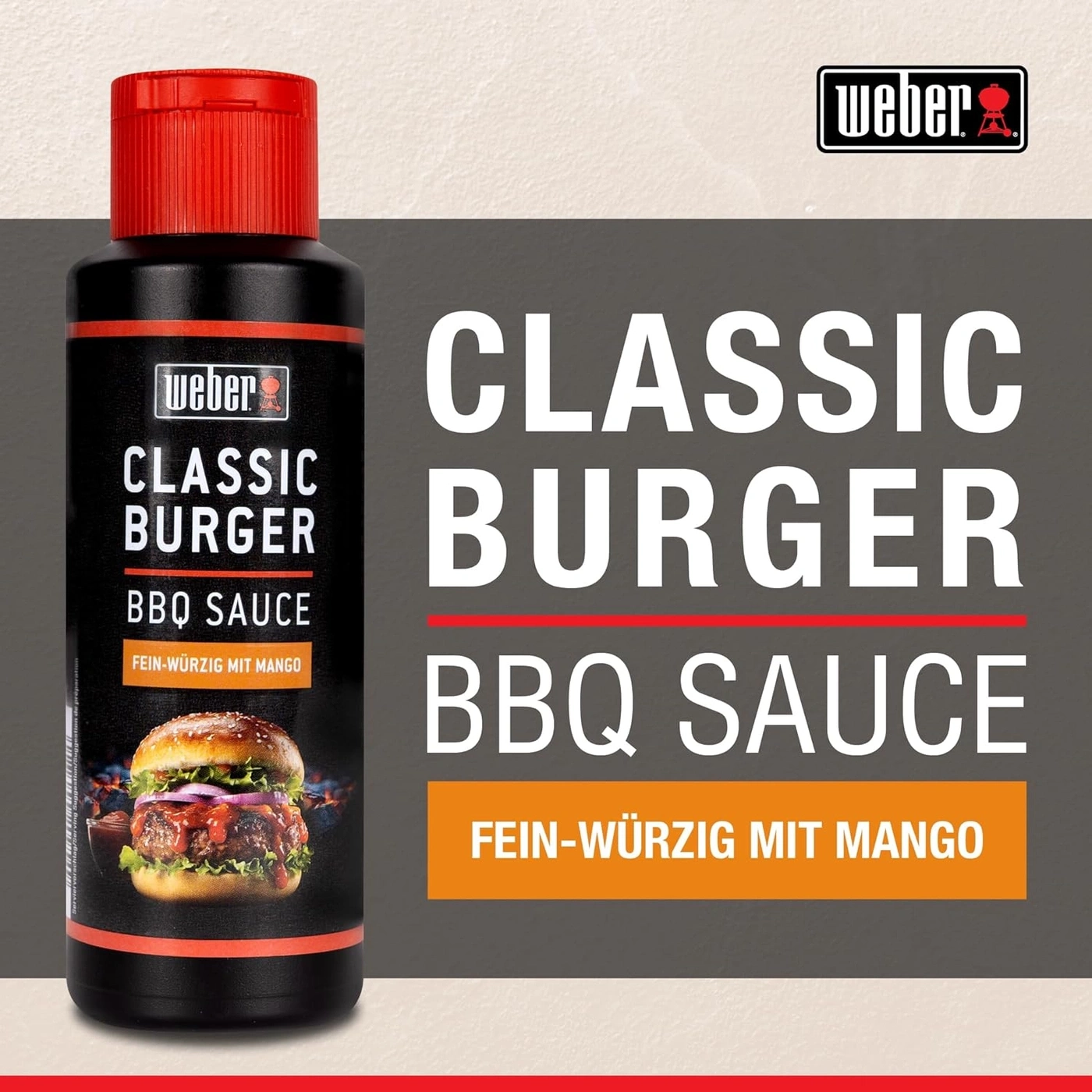 Weber Classic Burger BBQ Sauce "Fein-würzig mit Mango" Flasche mit Burgerabbildung