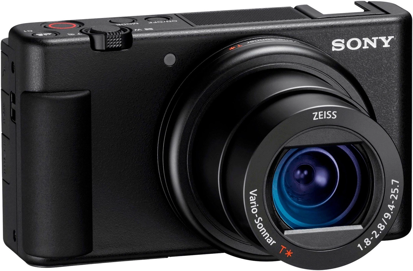 Schwarze Sony Kamera mit Zeissobjektiv und Zoomring