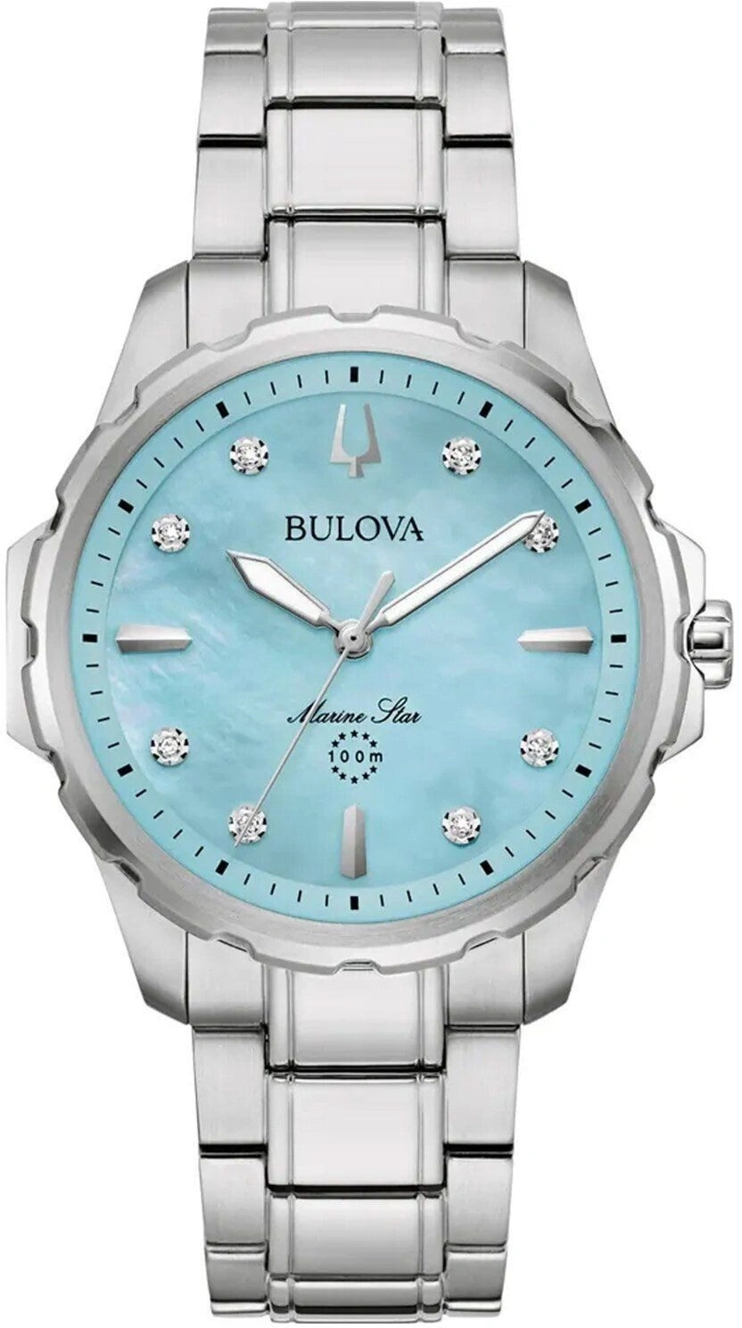 Bulova Marine Star Damenuhr, hellblaues Zifferblatt, Diamanten, Edelstahlarmband, elegant