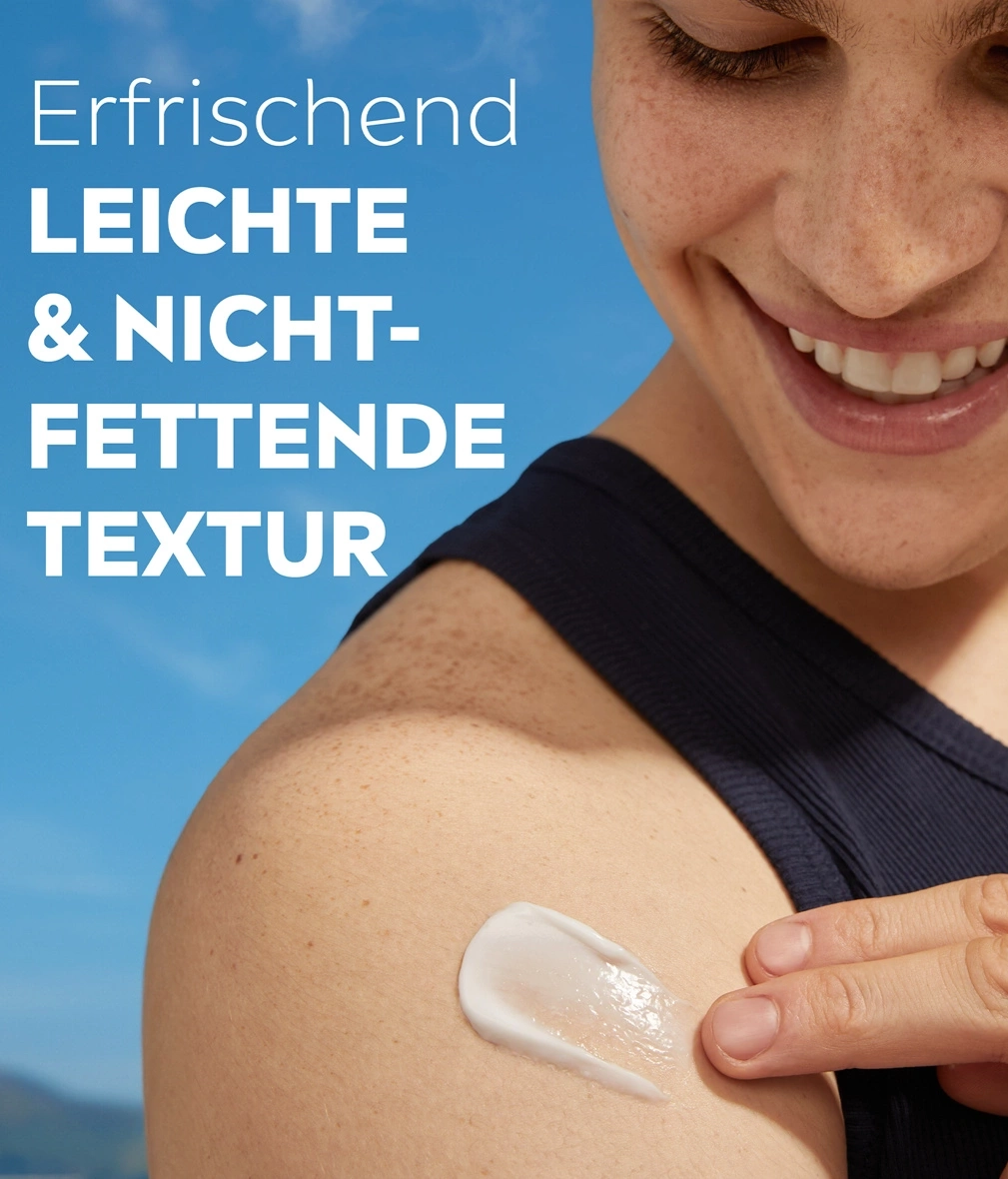 Erfrischend leichte & nicht-fettende Textur auf Haut mit Sonnencreme