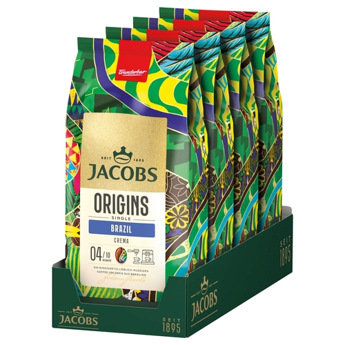 Jacobs Kaffee-Packung, Origins Brazil, 04/10 Intensität, Crema, einzeln verpackt, Kaffeebohnen
