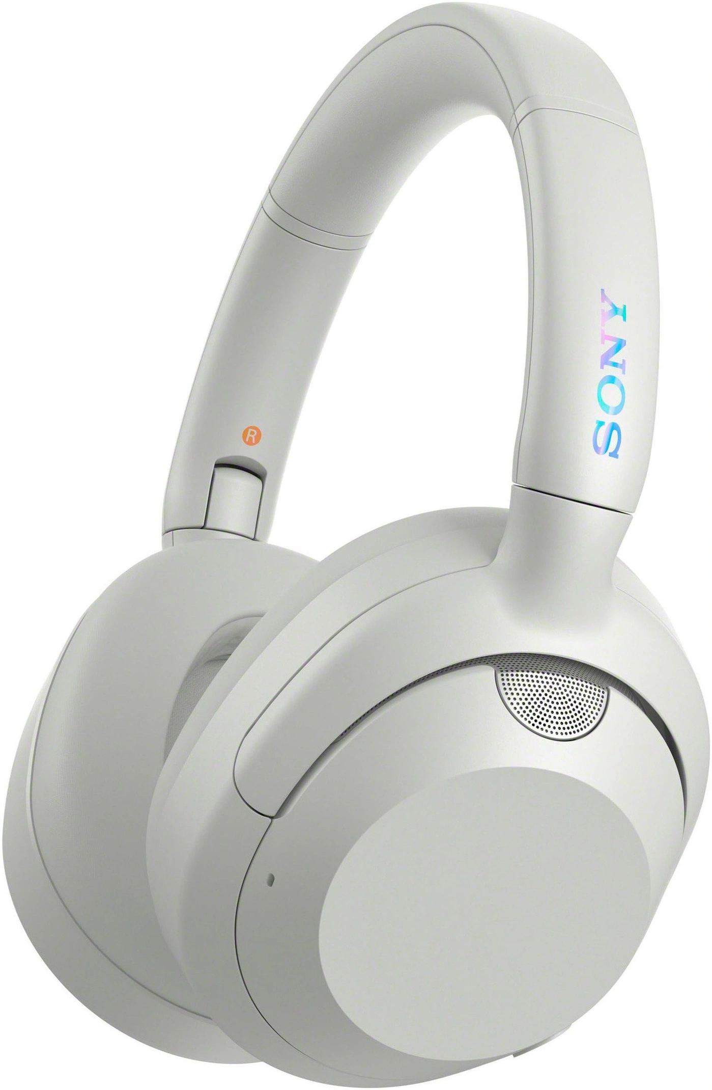 Weiße Sony Kopfhörer mit bunten Logo und orangefarbenem R