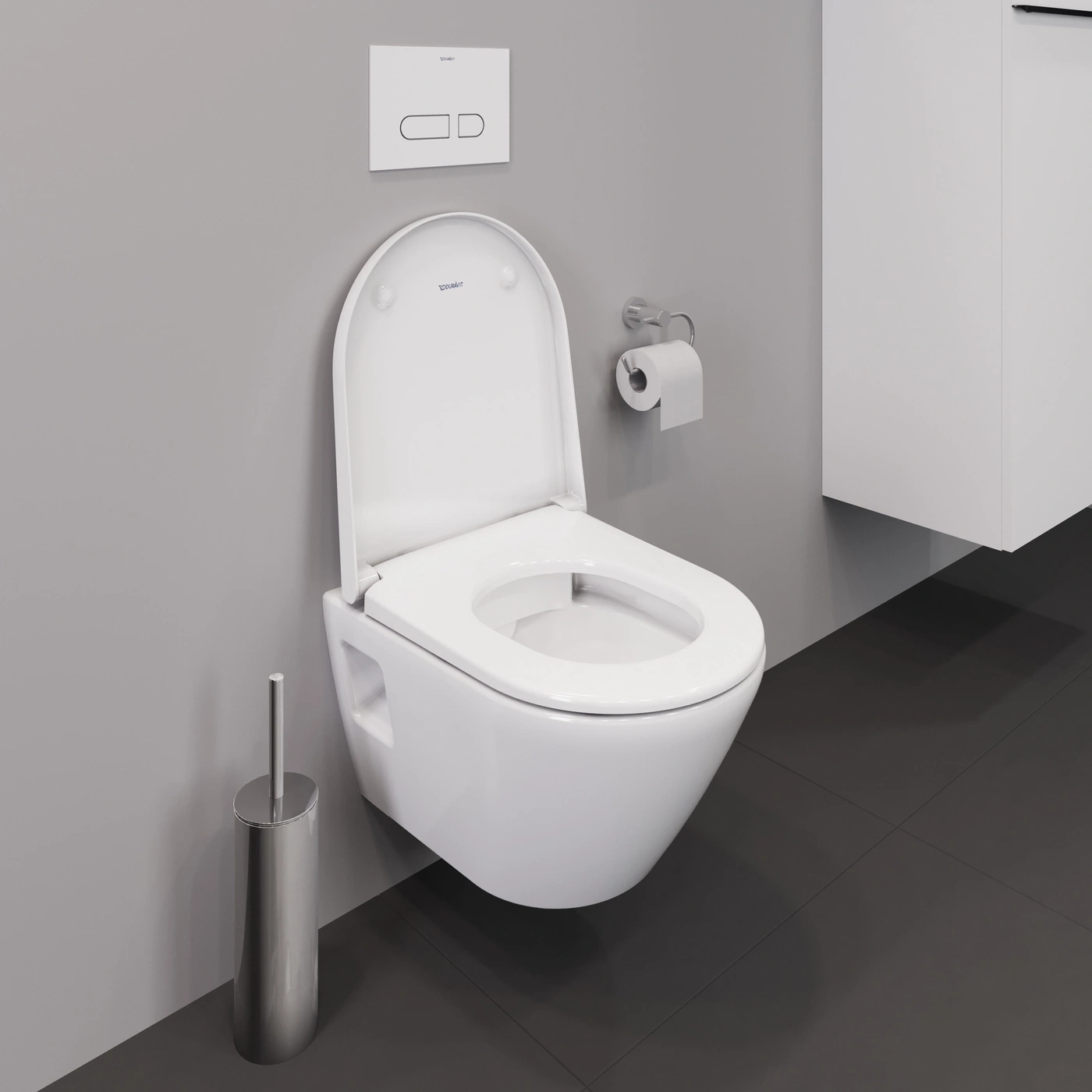 Hängende Toilette mit Spülkastenbedienplatte und Toilettenpapierhalter.