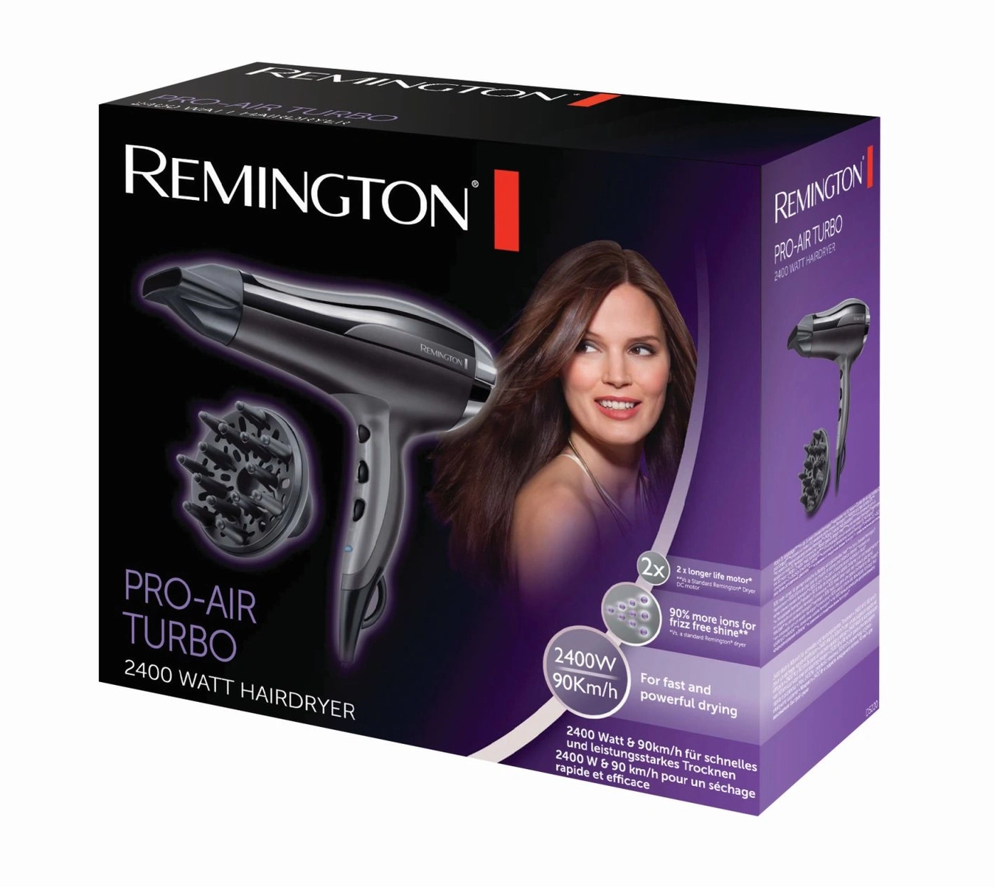 Remington Pro-Air Turbo 2400 Watt Haartrockner auf einem Karton mit Bild einer Frau.
