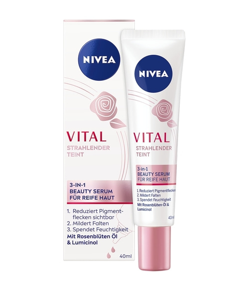 NIVEA Vital Strahlender Teint 3in1 Beauty Serum Rosenblüten-Öl Lumicinol 40ml