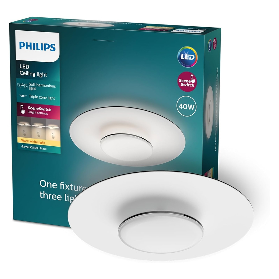 Philips LED Deckenleuchte mit SceneSwitch, 40W, warmweißes Licht, Garnet CL580, schwarz.