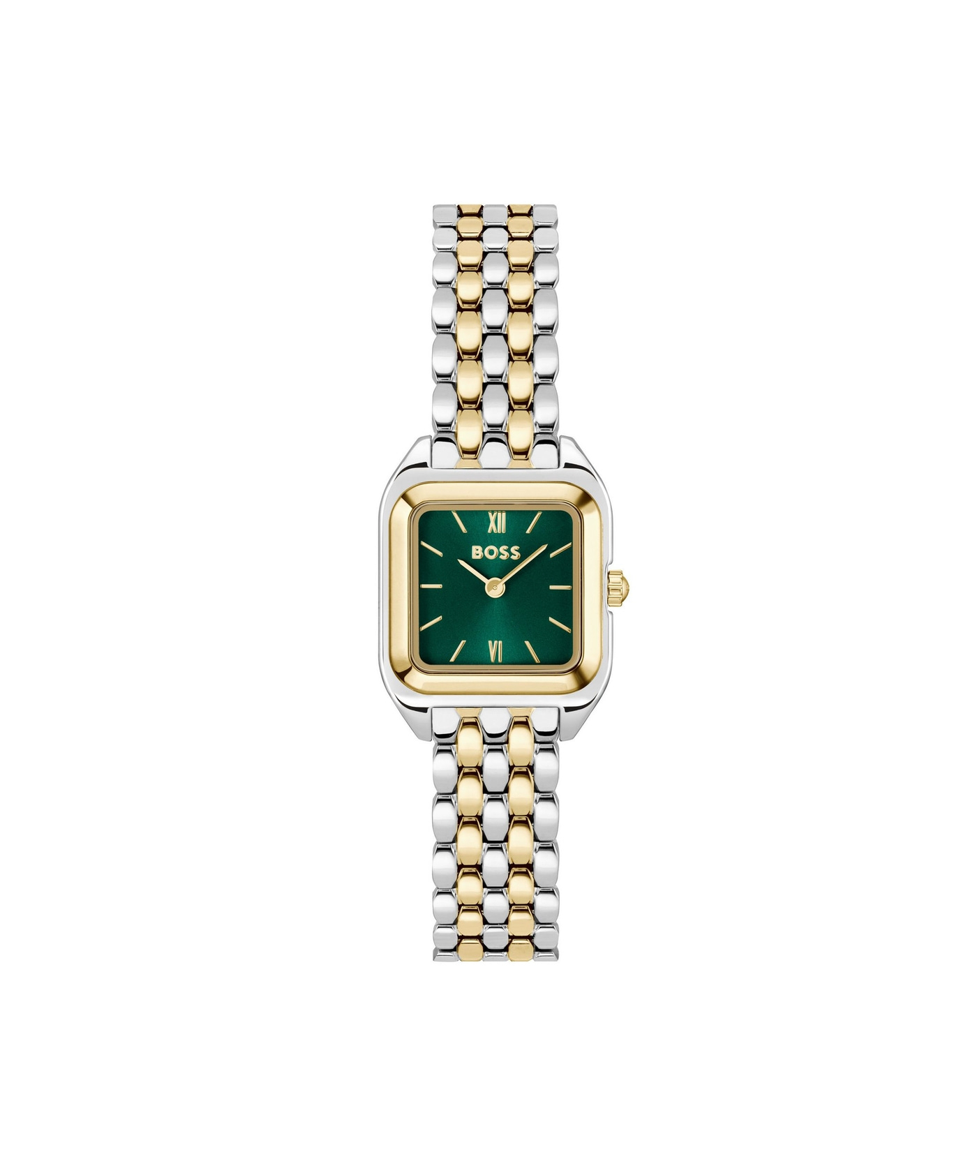 Eine zweifarbige BOSS-Uhr mit einem grünen Zifferblatt und römischen Ziffern.