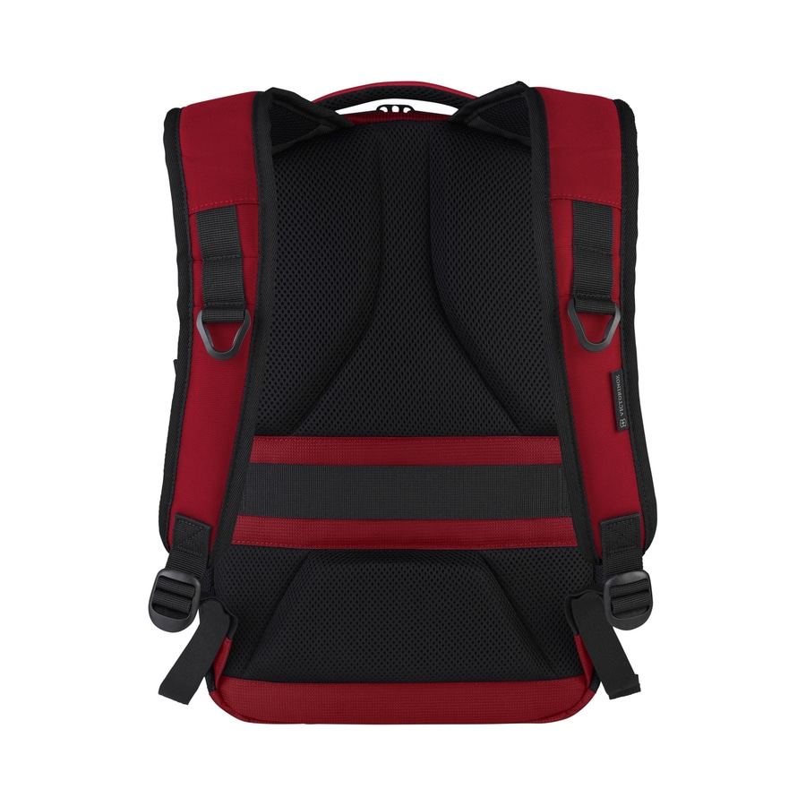 Roter Rucksack mit schwarzem Netzstoff und Trägern, Marke Victorinox.