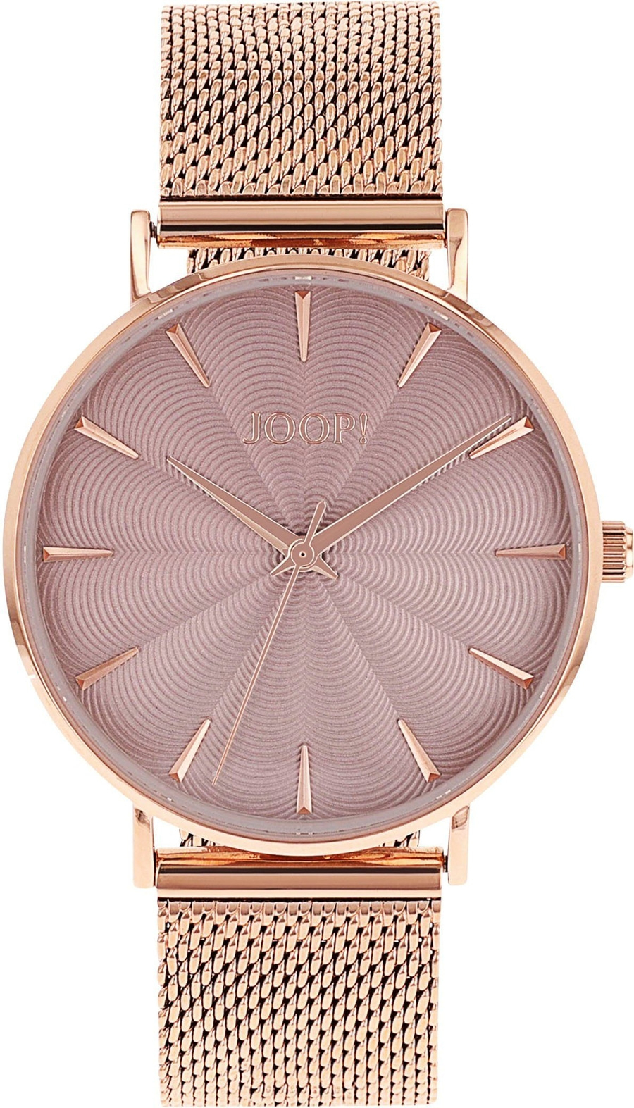 Roségoldene Joop! Damenuhr mit Mesh-Armband und rosafarbenem Zifferblatt
