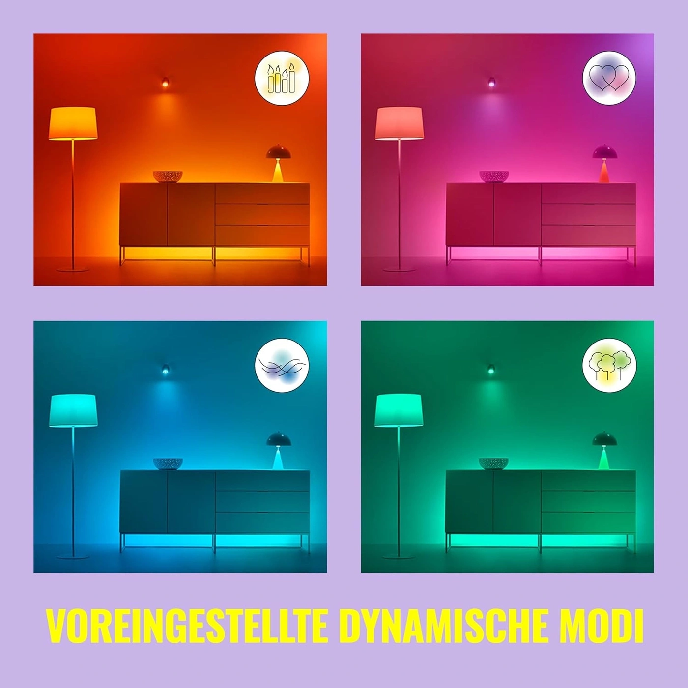 Voreingestellte dynamische Lichtmodi mit vier Szenen: Kerzen, Herz, Wind und Bäume.