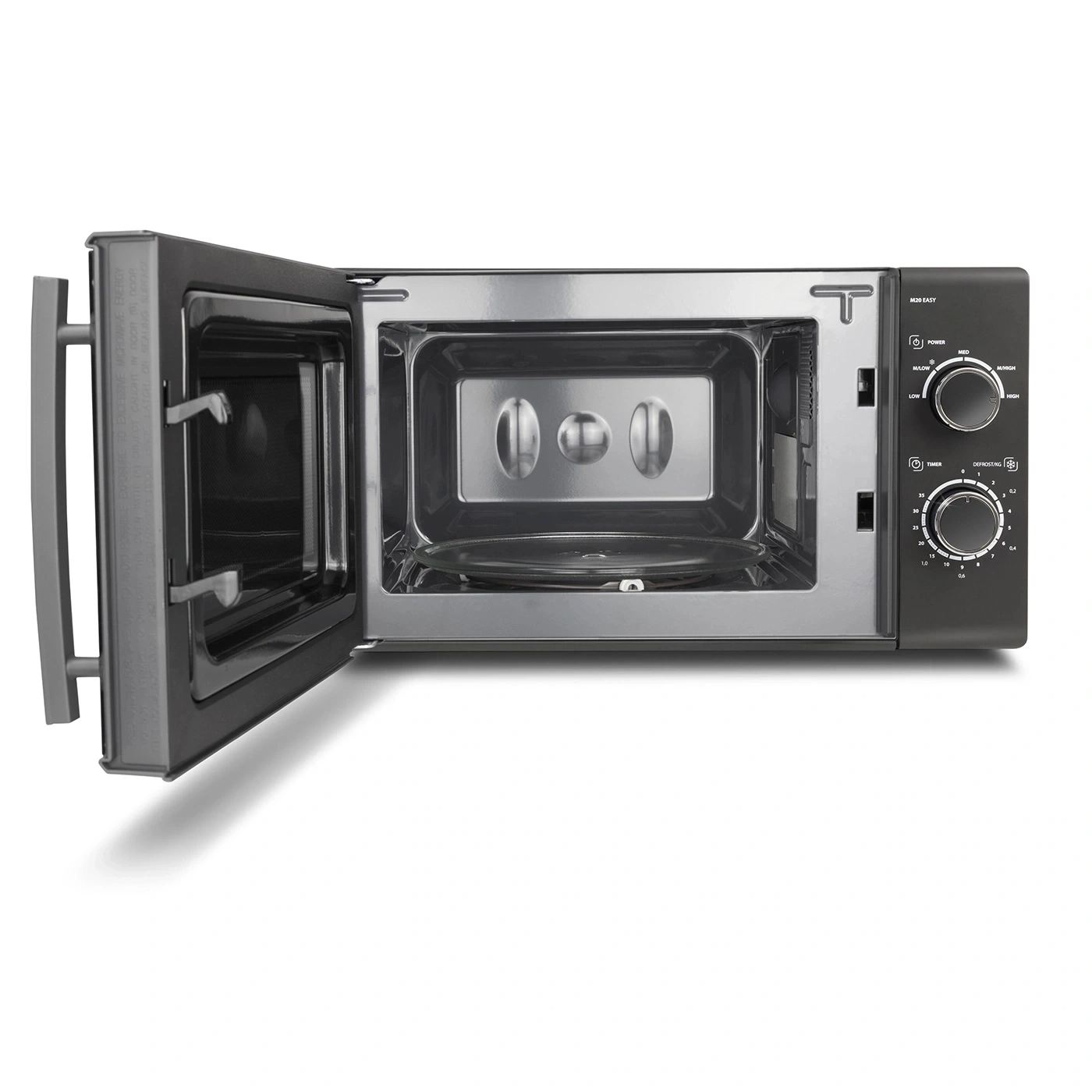 Ein offener Mikrowellenherd mit drehender Glasplatte und Drehreglern auf der rechten Seite.