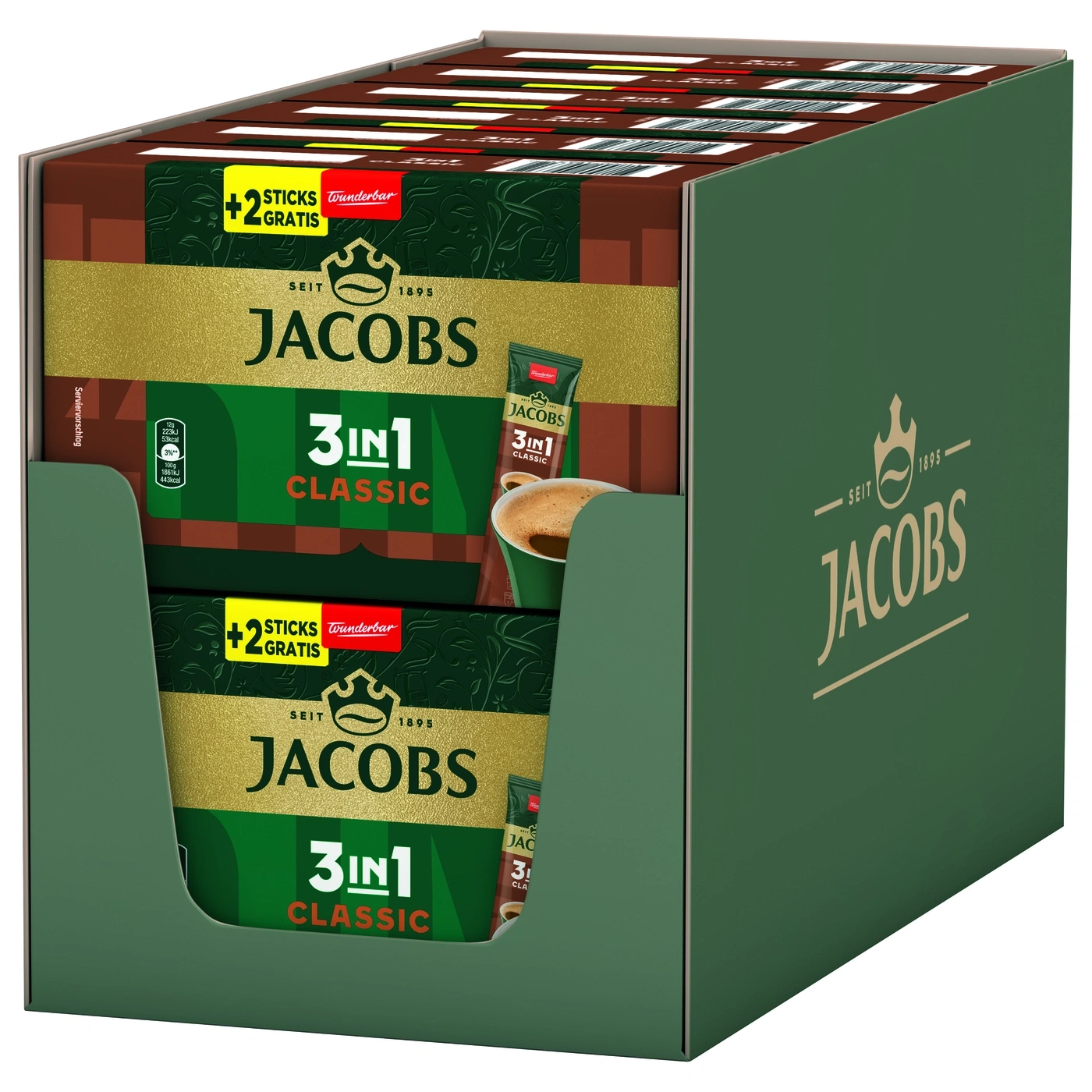 Karton mit Jacobs 3in1 Classic Kaffee Sticks