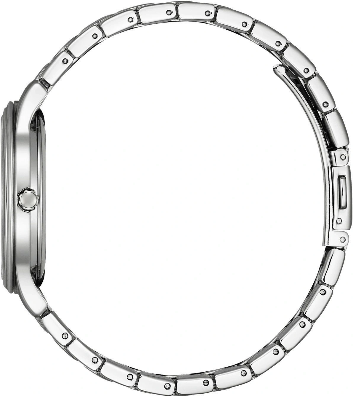Nahaufnahme eines silbernen Armbandes mit detaillierter Gliederkonstruktion, das sich um ein weißes Nichts krümmt.