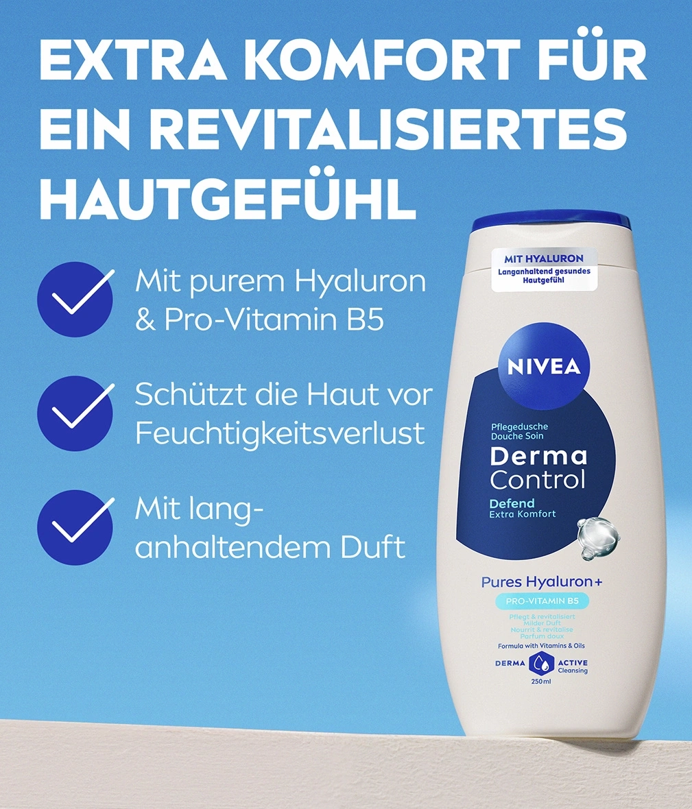 Nivea Duschgel mit Hyaluron und Pro-Vitamin B5 für ein revitalisiertes Hautgefühl.