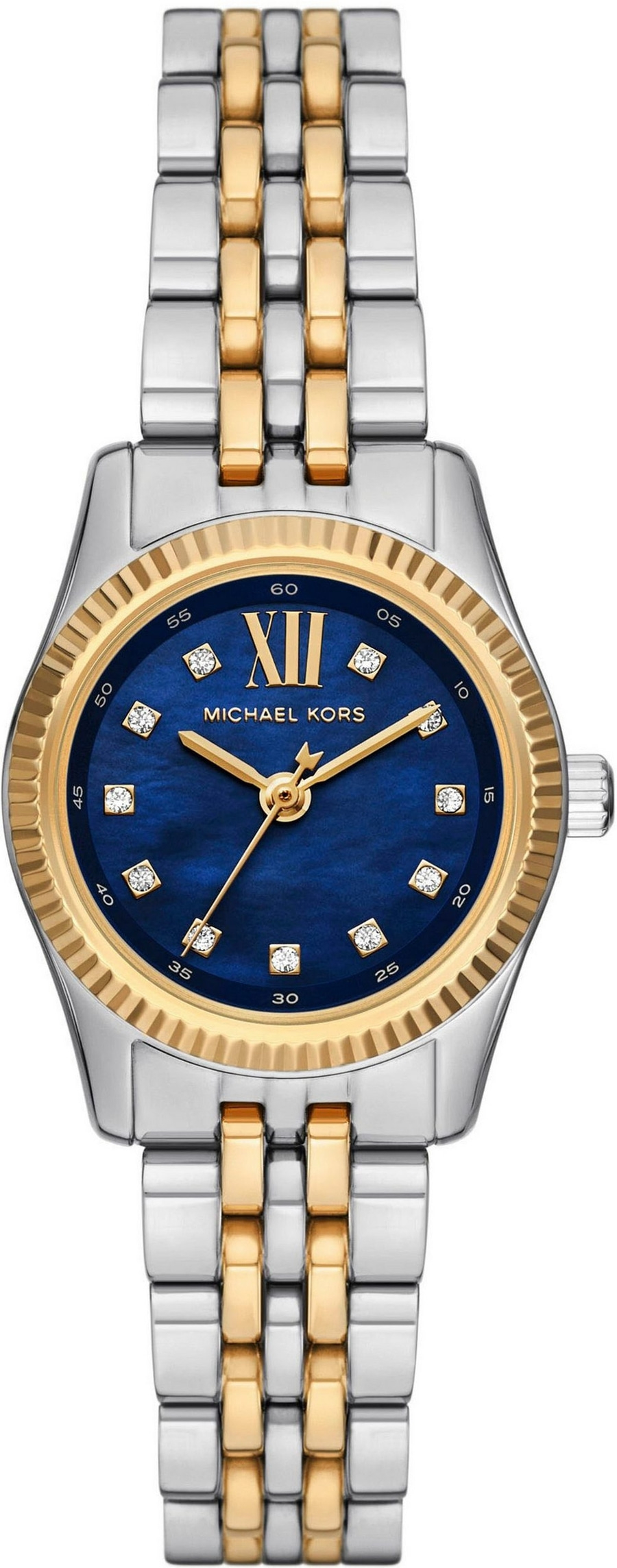 Michael Kors Uhr, blaues Zifferblatt, goldfarbene Details, silbernes Armband, Schmuck