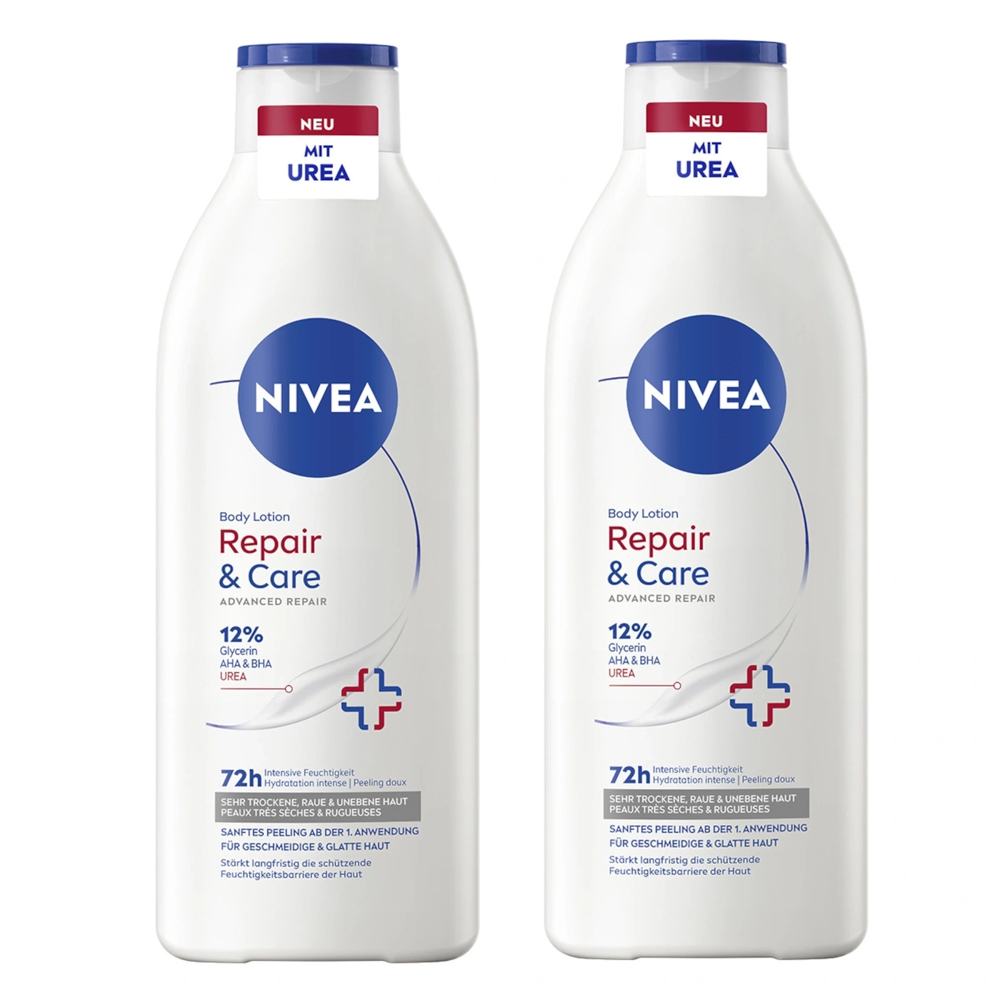Zwei weiße Flaschen NIVEA Body Lotion Repair & Care mit Urea für trockene Haut.
