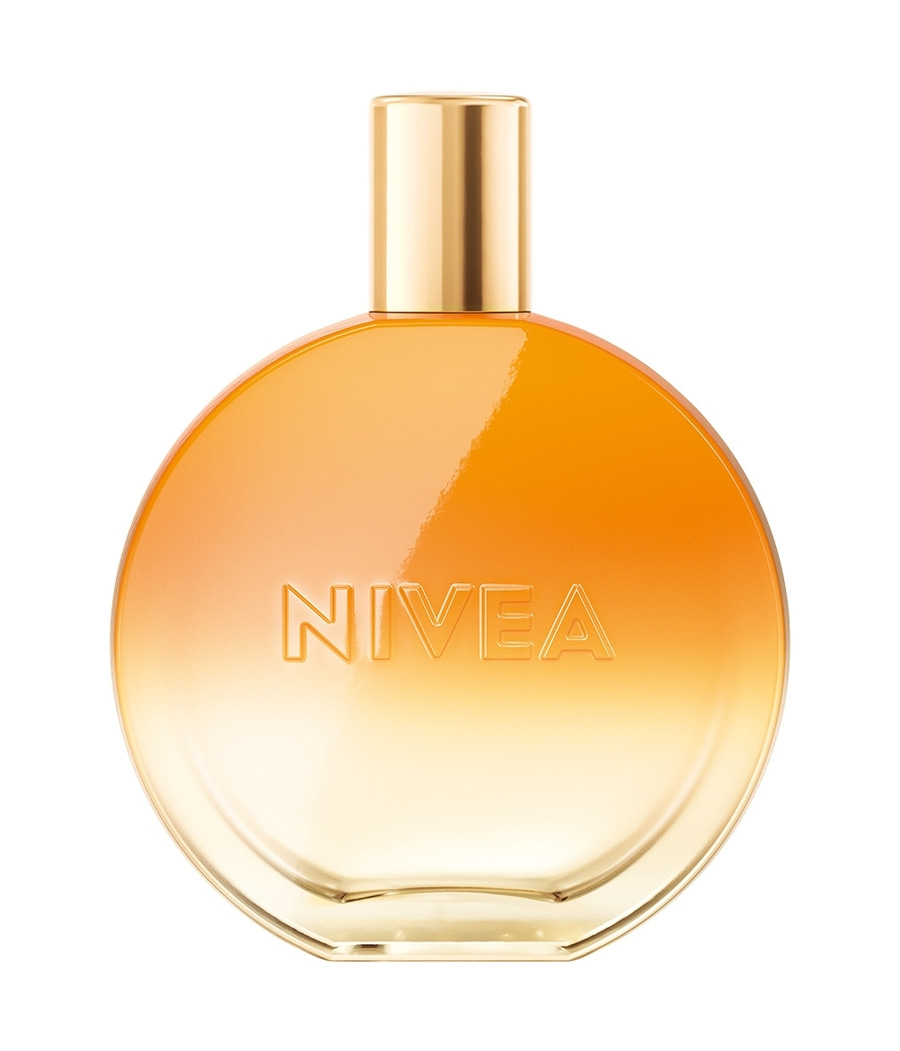 Nivea-Parfümflasche, rund, orangefarben, mit goldenem Deckel, auf weißem Hintergrund