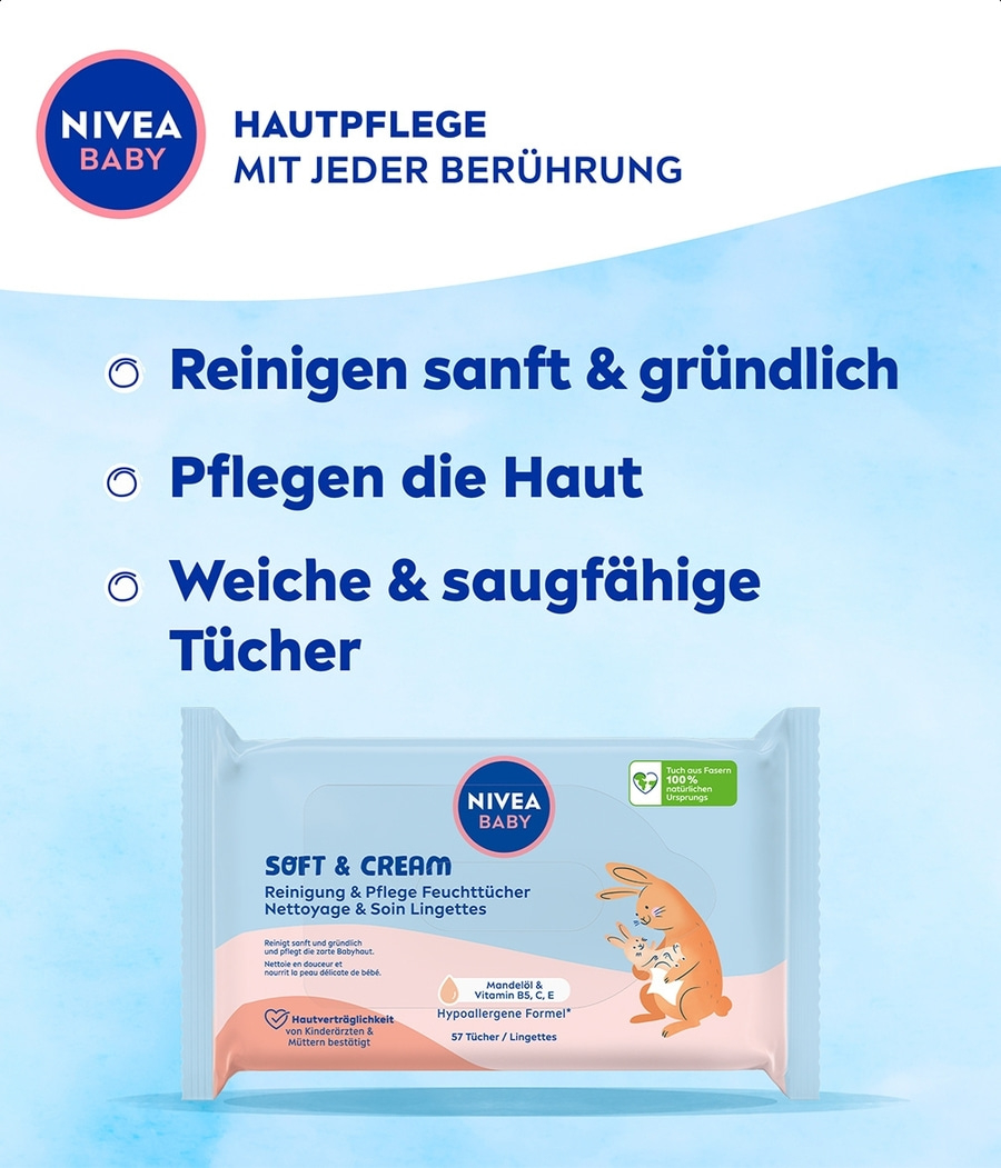 NIVEA Baby Soft & Cream Feuchttücher 4x57 Stück Mandelöl sowie Vitamin B5, C & E