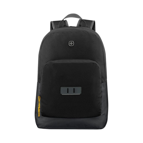 Schwarzer Rucksack mit Logo und gelbem Reißverschluss, ideal für den Alltag.