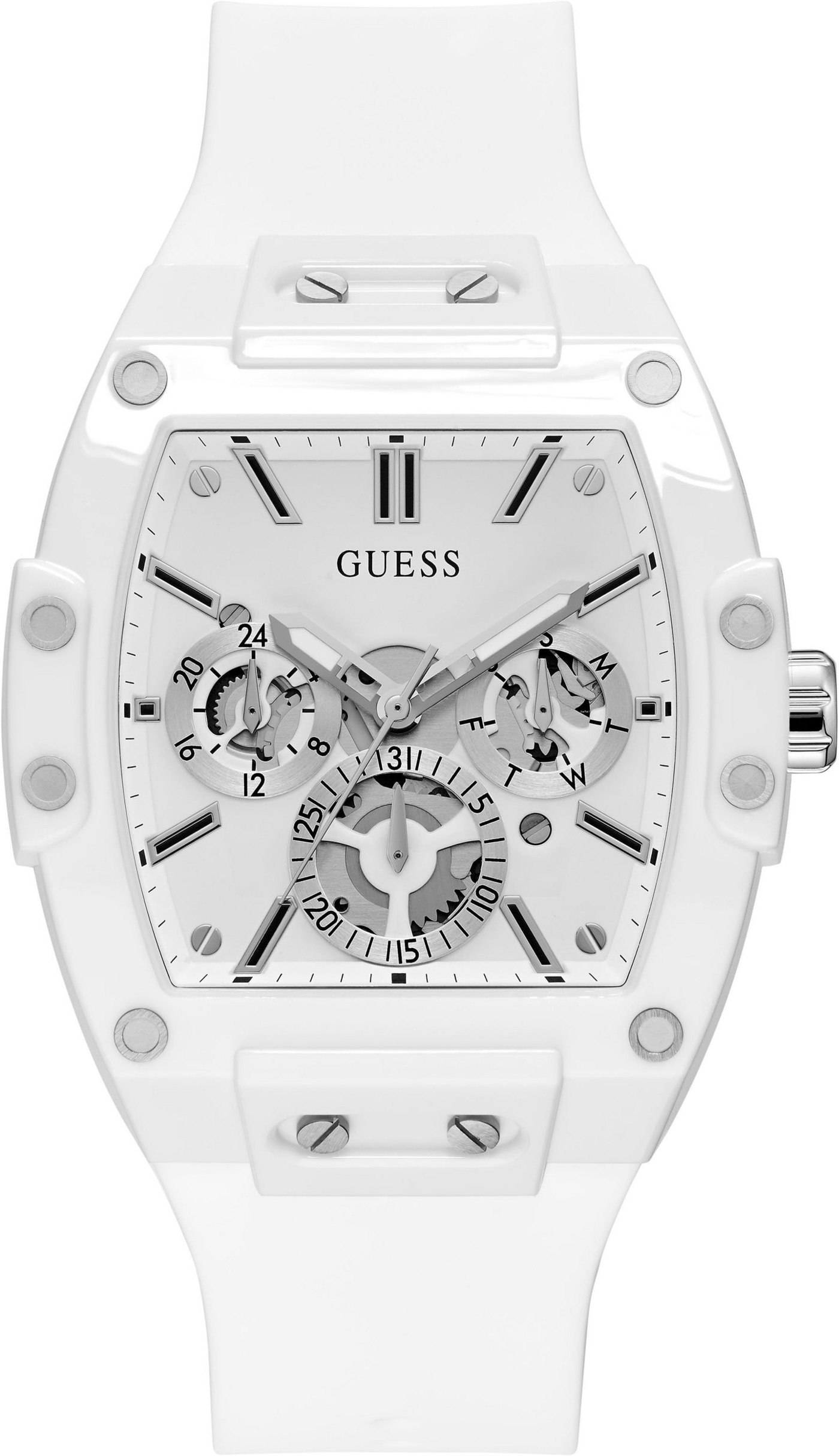 Ein weißes Guess Herrenuhr mit silbernen Details und sichtbarem Uhrwerk.