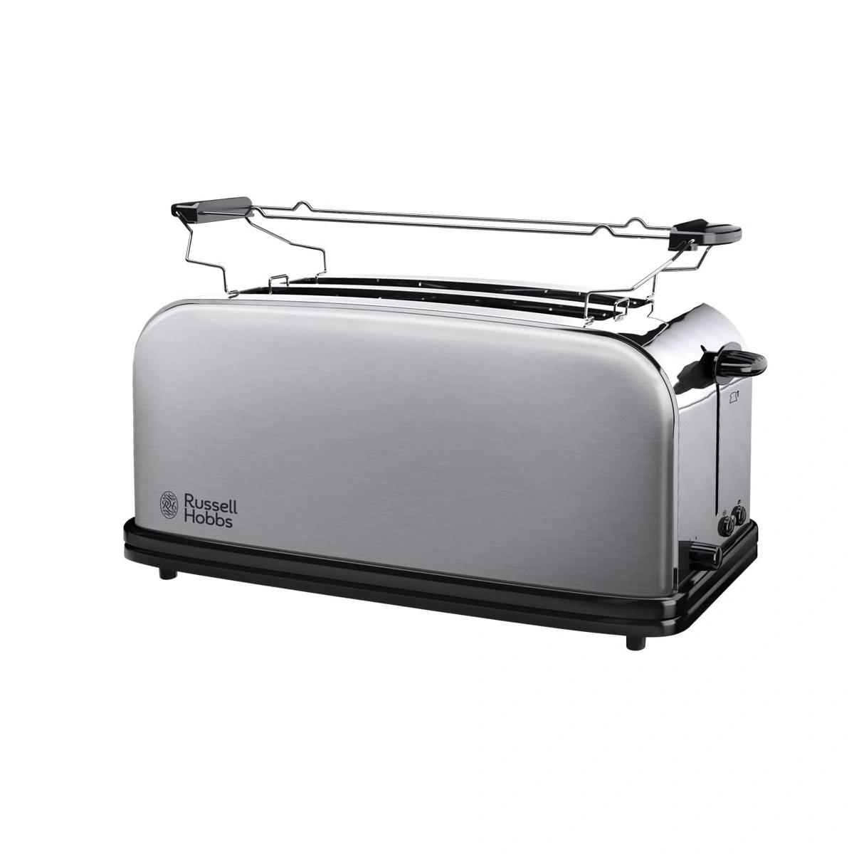 Ein silberner Toaster mit schwarzem Sockel und schwarzem Griff