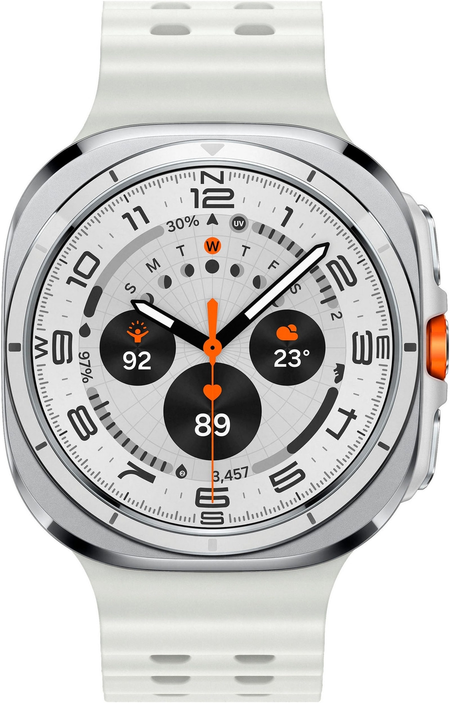 Eine weiße Smartwatch mit silbernem Gehäuse und digitaler Anzeige